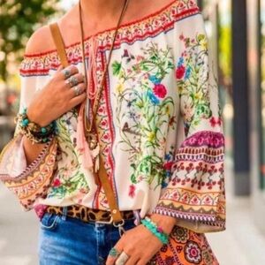 Umgee Womens Floral Print Off-The-Shoulder Peasant Blouse